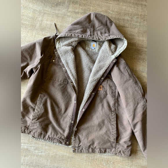 Carhartt men’s J284 FWD Brown Hooded Jacket Sherpa Lined XXL Snap Button - Picture 4 of 13